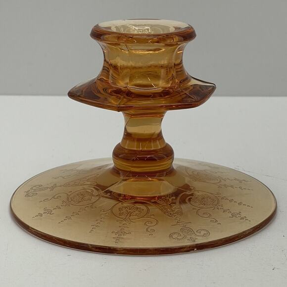 Vintage Amber Glass Candlestick Holders Etched Footed Candle Holder - Few Cracks - Picture 4 of 12